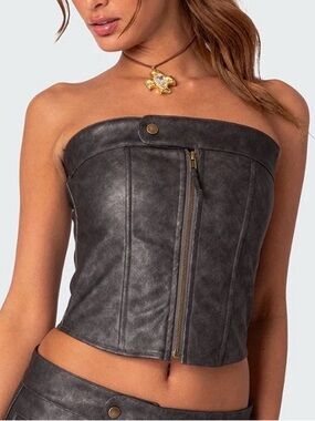 Edikted Faux Leather Corset Top Lace Up Back Strapless Moto Bustier Y2K Small